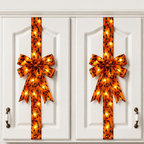 Black Halloween hair bow with fringe tails and LED lights