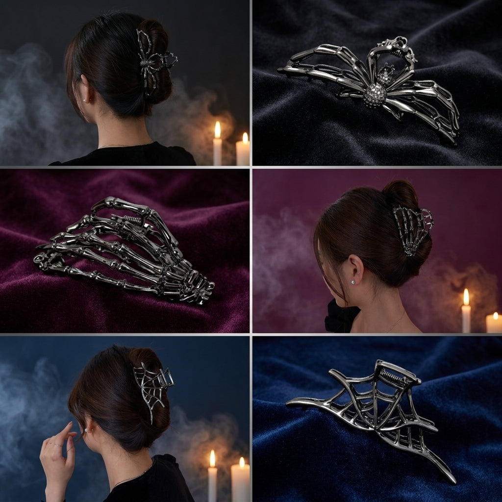 Skeleton Hand & Spider Hair Clips — Metal Claw Clip 3-Pack