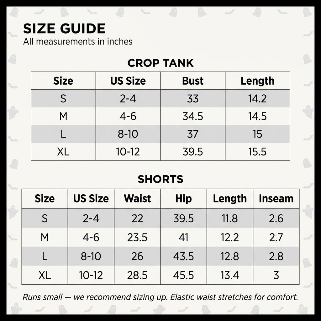 Size chart for the Halloween pajama set with S to XL measurements