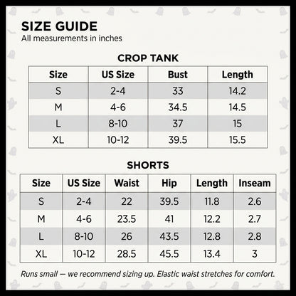 Size chart for the Halloween pajama set with S to XL measurements