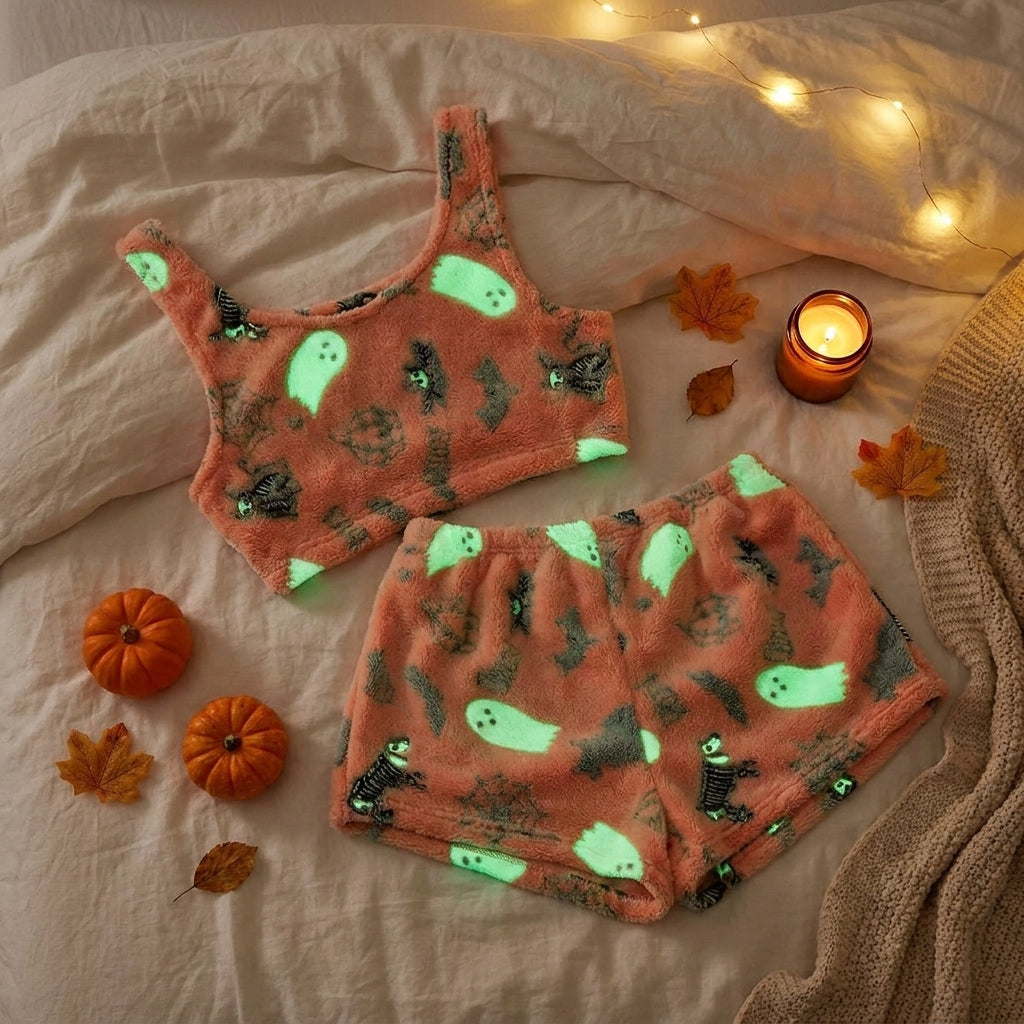 Fleece Halloween pajama set flat lay showing glowing ghosts, bats and spider webs