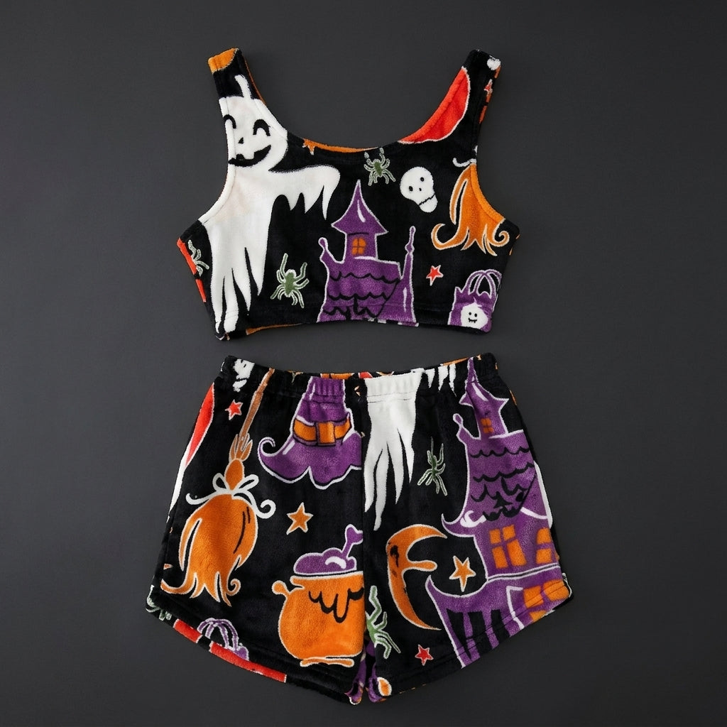 Flat lay of the fleece Halloween pajama crop tank and shorts with glowing ghost print