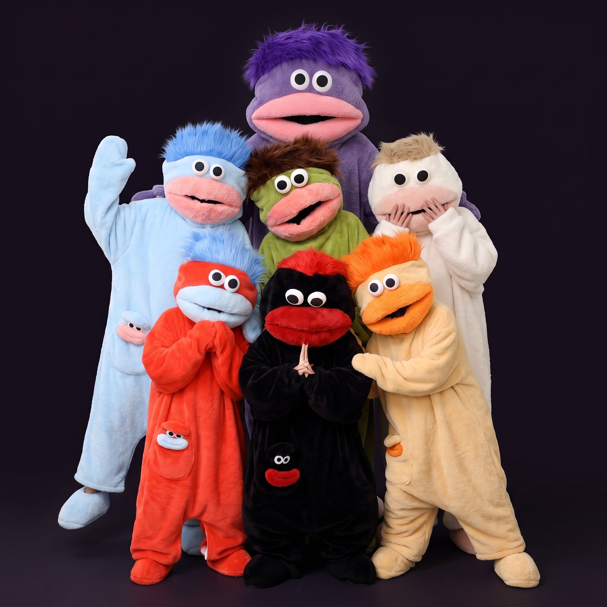 All seven Big Mouth Monster fleece onesie colors shown together