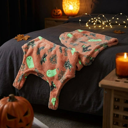 Halloween fleece pajama set resting on a bed with the ghost print glowing