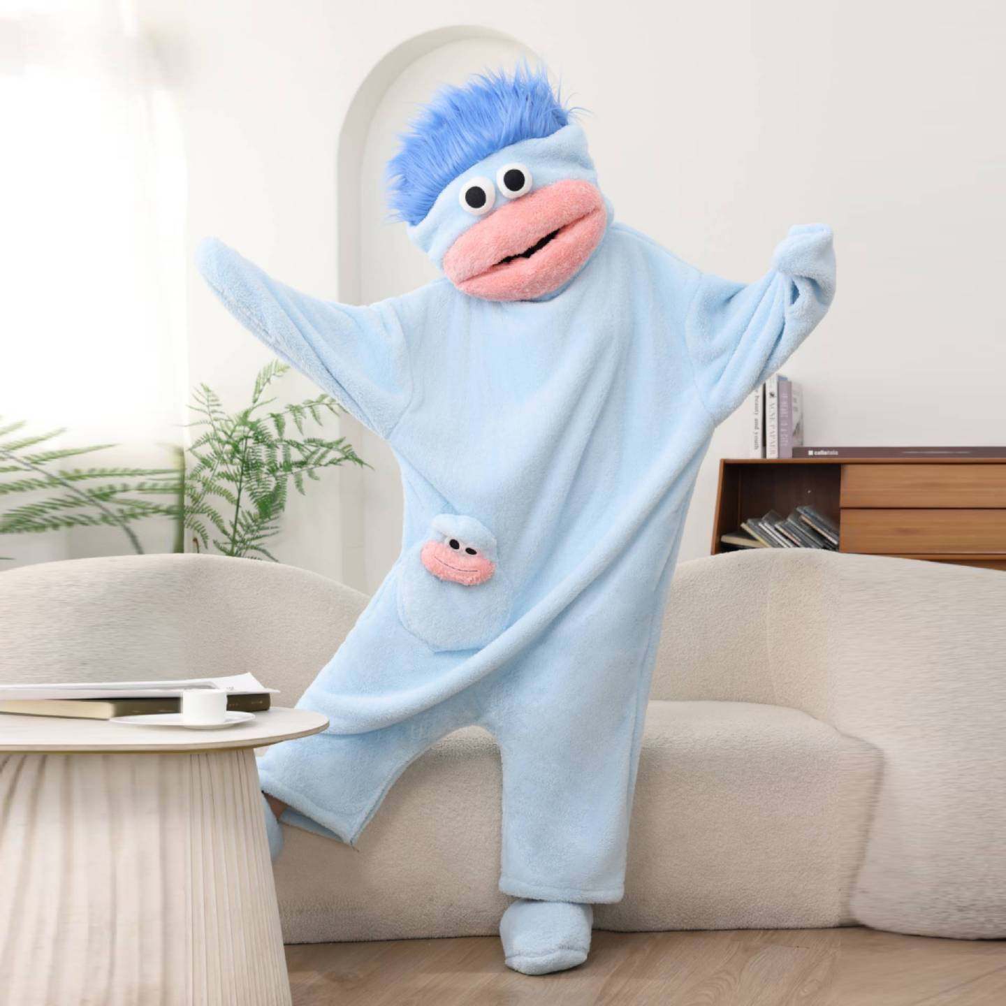 Close-up of the Big Mouth Monster onesie hood and mouth detail