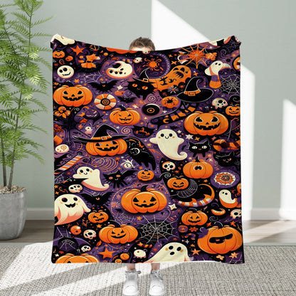 Halloween fleece blanket laid flat showing the full printed design