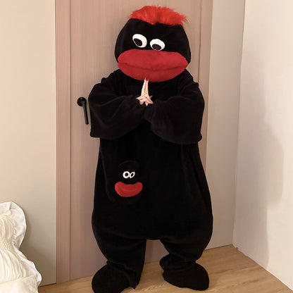 Person wearing the Big Mouth Monster fleece onesie at full height