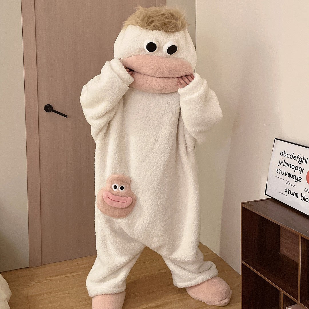 Big Mouth Monster fleece onesie worn indoors as loungewear