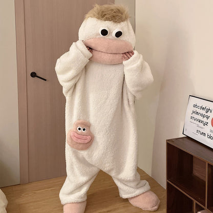 Big Mouth Monster fleece onesie worn indoors as loungewear