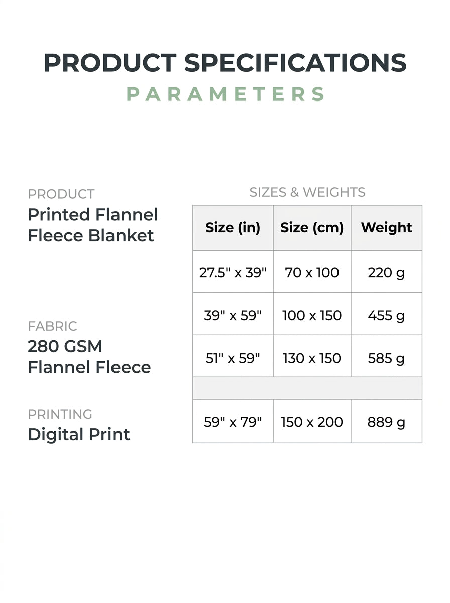 Halloween blanket specifications chart showing all four available sizes