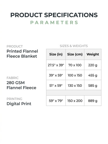 Halloween blanket specifications chart showing all four available sizes