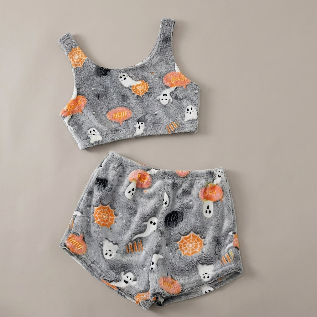 Glow-in-the-dark Halloween pajama crop tank and shorts product photo