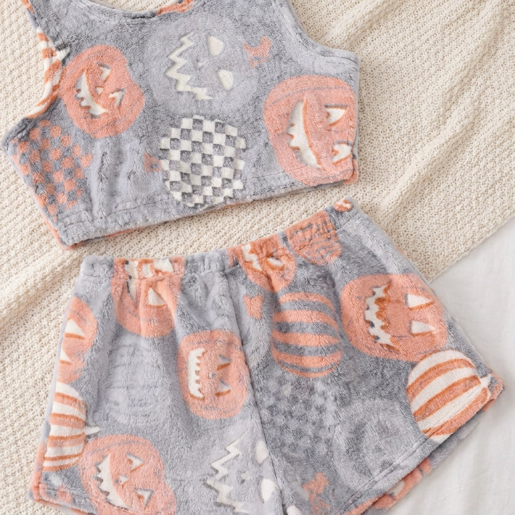 Halloween pajama crop tank and shorts laid flat with glow print detail