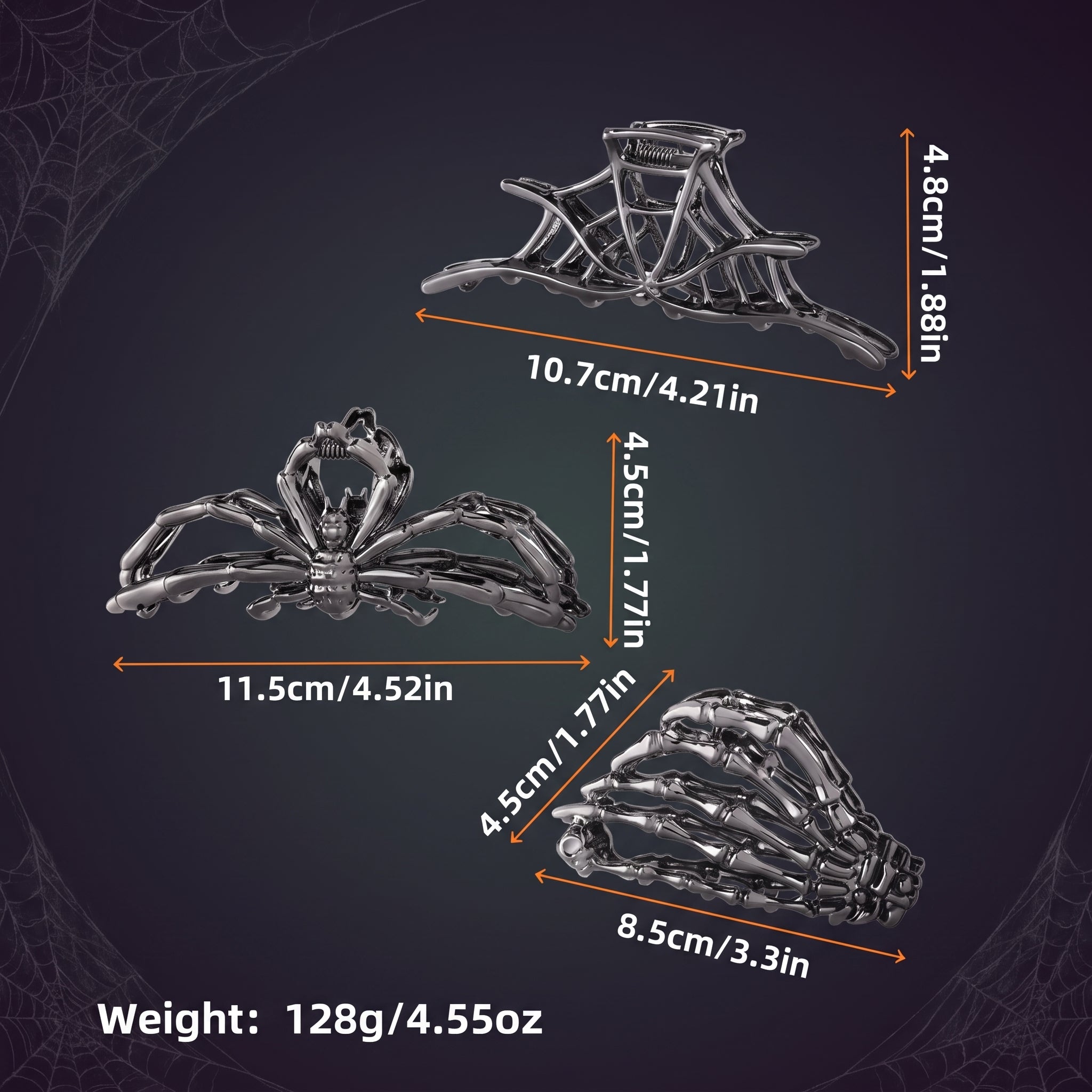 Skeleton Hand & Spider Hair Clips — Metal Claw Clip 3-Pack