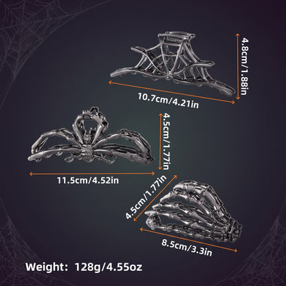 Skeleton Hand & Spider Hair Clips — Metal Claw Clip 3-Pack