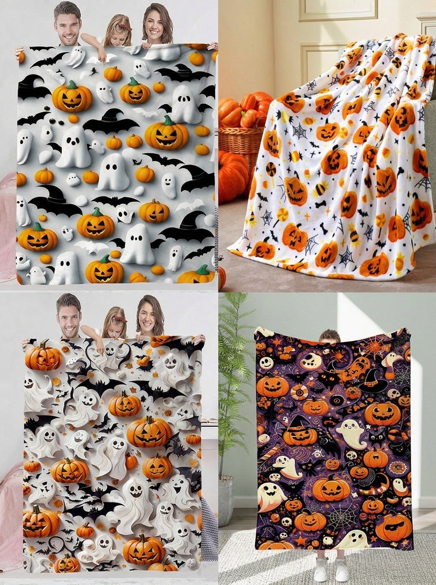 Halloween fleece blanket draped over a sofa in a dim living room