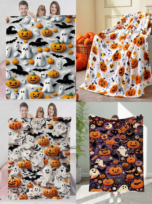 Halloween fleece blanket draped over a sofa in a dim living room