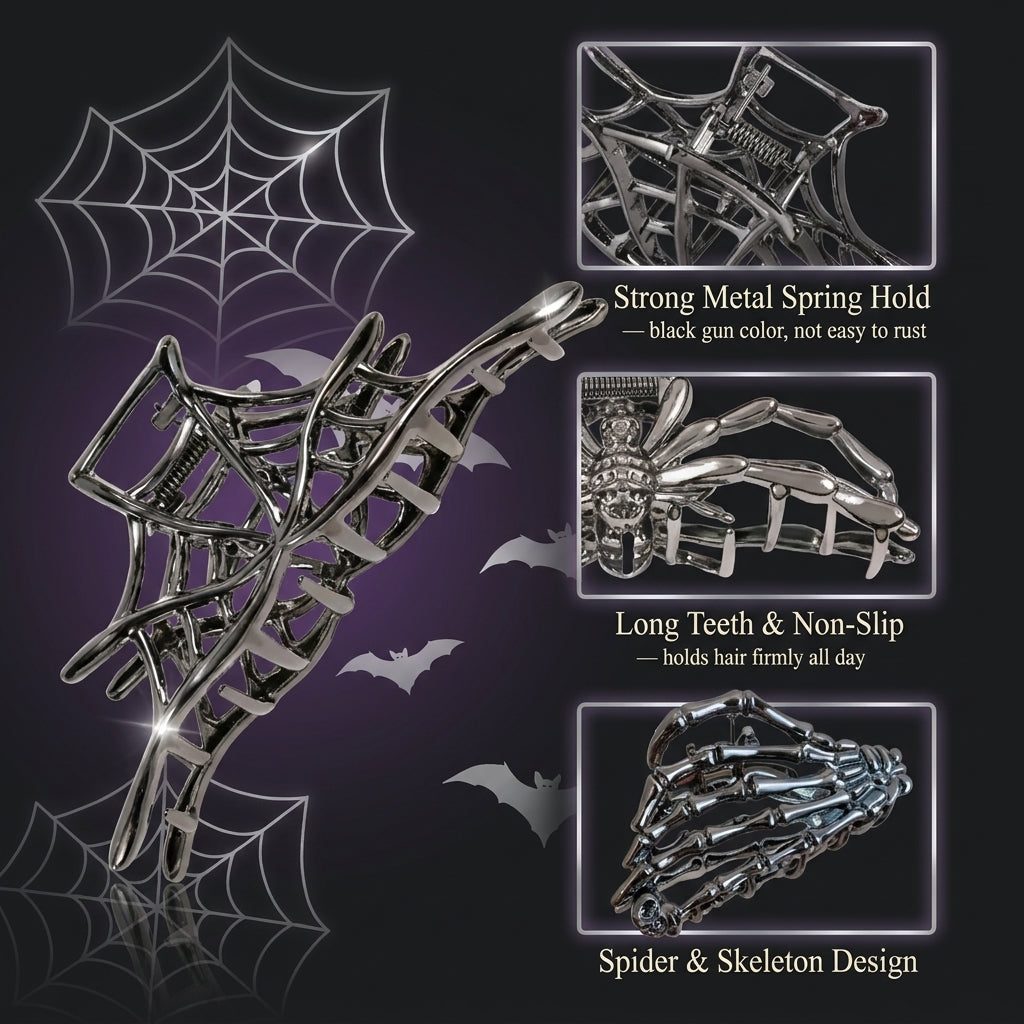 Skeleton Hand & Spider Hair Clips — Metal Claw Clip 3-Pack