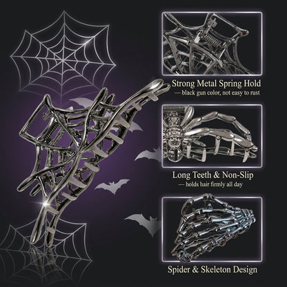 Skeleton Hand & Spider Hair Clips — Metal Claw Clip 3-Pack