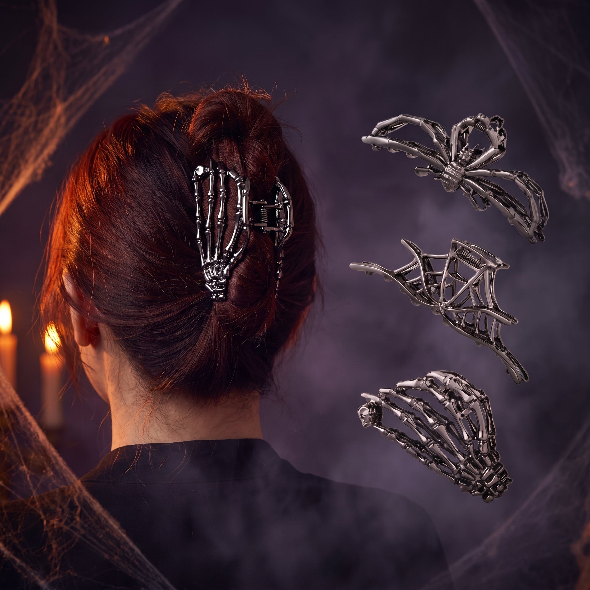 Skeleton Hand & Spider Hair Clips — Metal Claw Clip 3-Pack