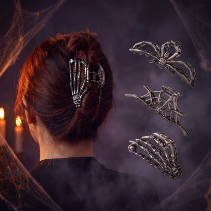 Skeleton Hand & Spider Hair Clips — Metal Claw Clip 3-Pack